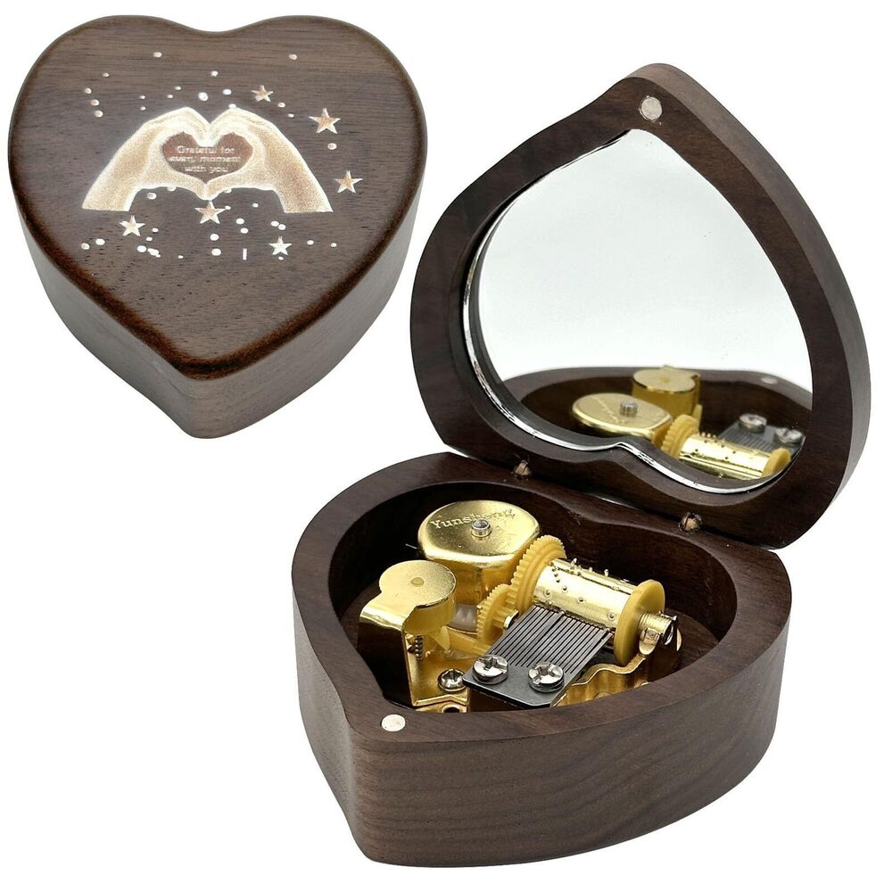 7680 Natural Solid Walnut Wood Heart Shape Music Box -You are My Sunshine